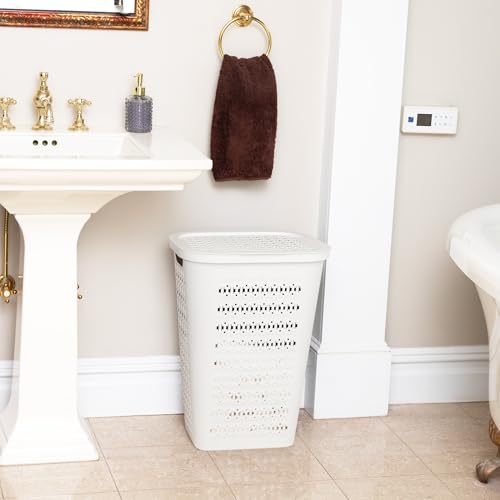Mind Reader Slim Tapered Laundry Hamper with Lid, Clothes Basket with Swiss Cross Cut-Outs, Lightweight & Ventilated, Plastic, 16.75"L x 12.75"W x 23"H, White - color: White