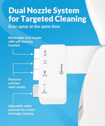 CLEAR REAR Bidet Attachment for Toilet Seat - Non-Electric with Self Cleaning Dual Nozzles, Leak Proof Connectors, Adjustable Water Spray, Rear & Feminine Wash - Hygienic Bathroom Upgrades - color: B. White
