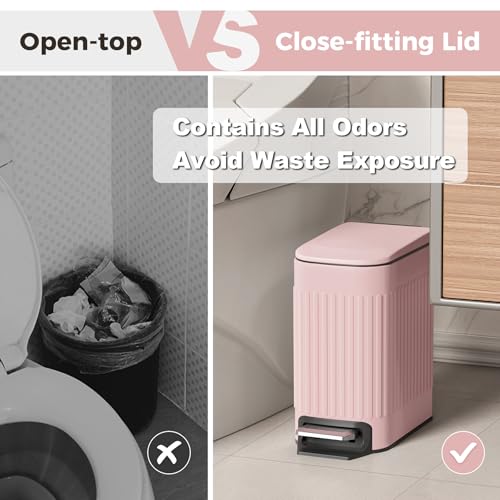 TrashAid Slim Bathroom Trash Can with Lid Soft Close & Pedal, 1.6Gal, Pink | Removable Inner Bucket, Stainless Steel Garbage Can, Small Wastebasket for Toilet/Office/Bedroom, Retro Design, Odor Control - color: Pink
