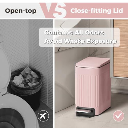 TrashAid Slim Bathroom Trash Can with Lid Soft Close & Pedal, 1.6Gal, Pink | Removable Inner Bucket, Stainless Steel Garbage Can, Small Wastebasket for Toilet/Office/Bedroom, Retro Design, Odor Control - color: Pink