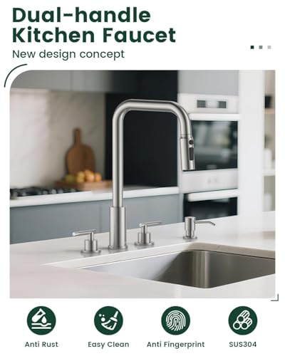 APPASO 4 Hole Widespread Kitchen Faucet with Separate Handle Brushed Nickel | 2 Handle Kitchen Sink Faucet with Pull Down Sprayer and Soap Dispenser, Square Spout Stainless Steel for 3 & 4 Holes Sink - color: 3-Brushed Nickel