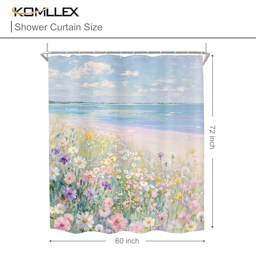 KOMLLEX Blue Ocean Beach Shower Curtain for Bathroom Decor 60Wx72H Inches Pink Ombre Oil Painting Botanical Coastal Aesthetic Wildflower Path Sea Waves Girly Fabric Waterproof Polyester 12 Pack Hooks - size: 60"W x 72"L (Pack of 1)