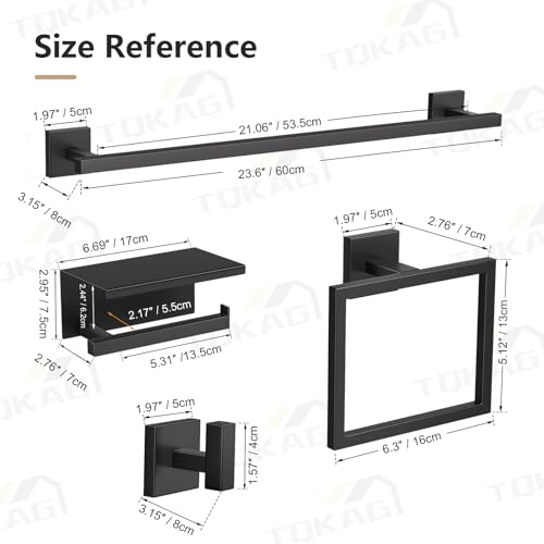 TQKAG 5-Pieces Matte Black Bathroom Hardware Accessories Set 23.6" SUS304 Stainless Steel Towel Bar Set Wall Mounted Square Toilet Paper Holder with Shelf - color: Matte Black, size: 5-Pieces Set-B