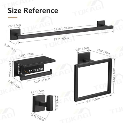 TQKAG 5-Pieces Matte Black Bathroom Hardware Accessories Set 23.6" SUS304 Stainless Steel Towel Bar Set Wall Mounted Square Toilet Paper Holder with Shelf - color: Matte Black, size: 5-Pieces Set-B
