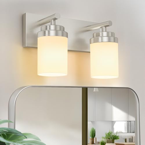 IZORRO Bathroom Vanity Light Fixture, 2-Light 15 Inch Brushed Nickel Bathroom Light Fixtures Over Mirror, with White Glass Shade, Modern Farmhouse Vanity Lights, Rustic Restroom Lighting Fixtures - color: Nickel-White Glass Shade, size: 15 inch-2-Light