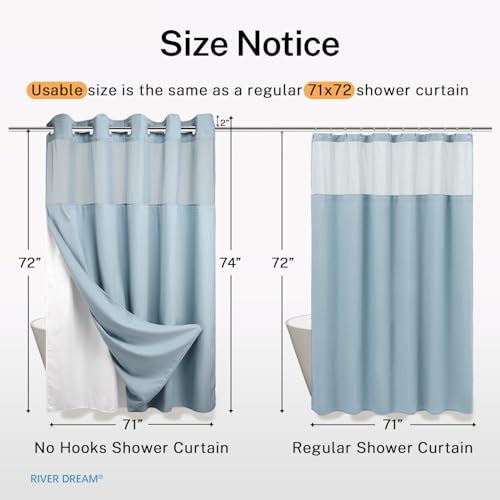 River Dream Heavyweight Waffle No Hook Shower Curtain with Liner,Blue,71x74 | Dotted Waffle,Snap-in Liner,Heavy Duty,Quick Dry,Mesh Top Window,With Bottom Magnets,Hotel-Grade,Washable,Standard Size - color: Blue, size: 71"W x 74"L (Pack of 1)