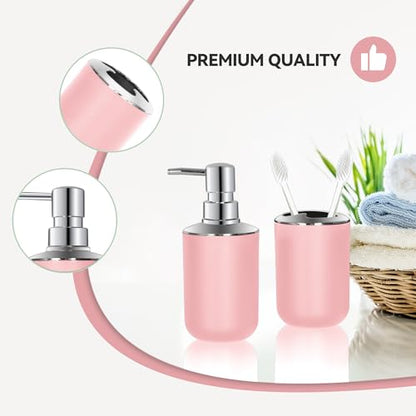 Pink Bathroom Accessories Set 2 PCS, Soap Dispenser and Toothbrush Holder | Pink Bathroom Accessories, Plastic Set, Boho Bathroom Decor, Bathroom Set - size: 2pcs Pink
