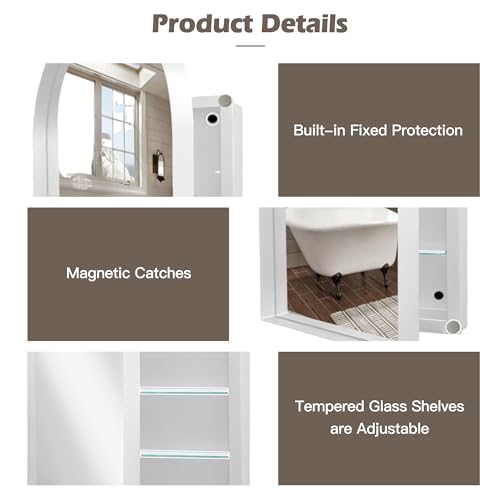 Arched Medicine Cabinet, Recessed Medicine Cabinet Surface Mount Medicine Cabinet with Mirror and Adjustable Shelves Medicine Cabinet Wall Mounted Bathroom Mirror Cabinet, 24x36 Inch (White) - color: White