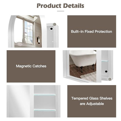Arched Medicine Cabinet, Recessed Medicine Cabinet Surface Mount Medicine Cabinet with Mirror and Adjustable Shelves Medicine Cabinet Wall Mounted Bathroom Mirror Cabinet, 24x36 Inch (White) - color: White