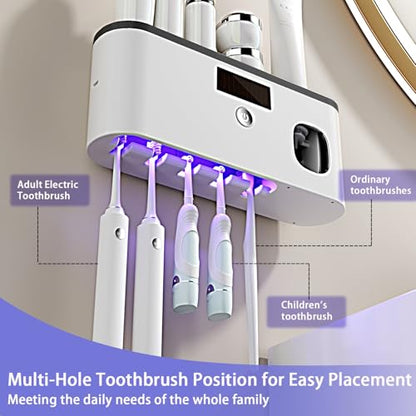 Toothbrush Holders for Bathrooms,Toothpaste Dispenser Wall Mounted,Electric Toothbrush Holders with Solar Charging, Smart Drying Toothbrush Cleaner,Toothbrush Organizer with 5 Brush Slots