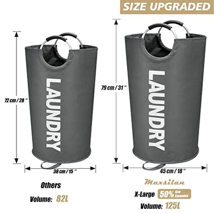 Maxsilan 125L X-Large Laundry Basket Bag, Collapsible Tall Hamper, Dark Grey - color: Dark Grey, size: 125L