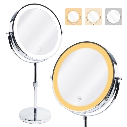 Makeup Mirror with Lights, 9" Large Magnifying Mirror with 1X/10X, 360°Rotation Vanity Mirror, 3 Color Brightness Adjustable Light Up 5000mAh Rechargeable, Double-Sided, Gift for Women