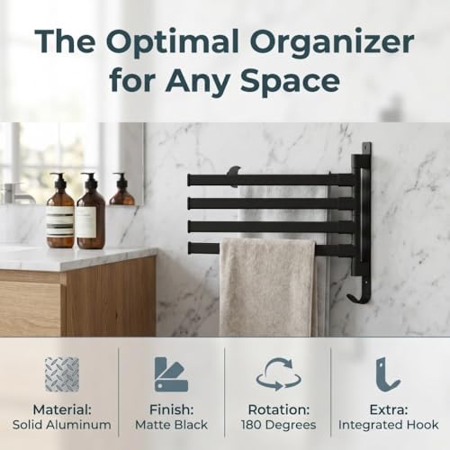 Black Aluminum Swivel Towel Bar, Wall Mounted 180 Degree Rotating Multi-Arm Towel Rack with Bottom Hook for Bathroom Kitchen(4-Arm) - size: 4-Arm