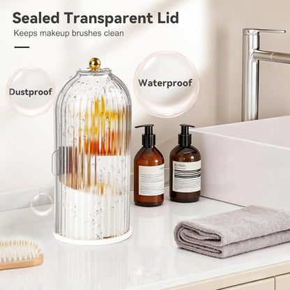 Makeup Brush Holder 360° Rotating Countertop Organizer with Lid Transparent | Transparent Sealed Lid, Waterproof, 3 Compartments, 180° Side Pull Door, for Vanity Makeup Brushes & Bathroom Toothbrushes - color: Transparent