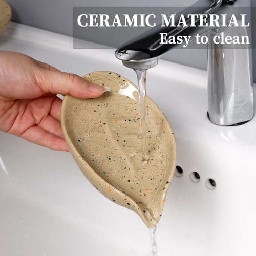 Soap Dish, Self Draining Soap Dishes 2PCS, Leaf Shape Ceramic Bar Soap Holder Drain Soap Dishes for Bathroom Sink Shower Kitchen, Easy to Clean Keeps Soap Dry, ANTIS'S HOME - color: Lightcurry-2pcs-enhanced Draining