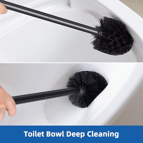 Qaestfy Toilet Plunger and Brush Set for Bathroom Cleaning, 2-in-1 Long Handle Toilet Bowl Brush with Stiff Bristles & Powerful Plunger, Space-Saving Holder (Pack of 2)