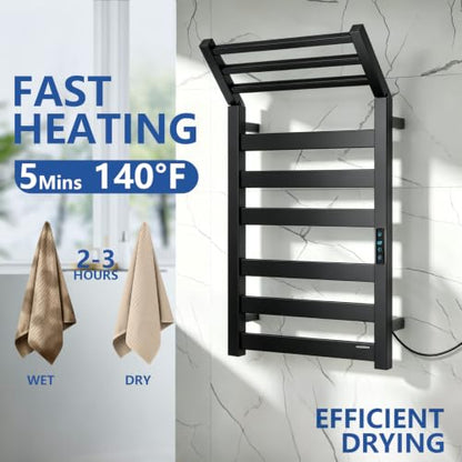 Towel Warmer Rack with WiFi, 6 Bars Large Heated Towel Racks, Black | WiFi App Remote, Foldable Space-Saving Bracket, Child Lock, 5 Temp Levels, 1–24H Timer, LED Display, Stainless Steel, Plug-in - color: Matte Black