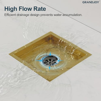 6 Inch Square Shower Floor Drain, Brushed Gold SUS304 Stainless Steel Grid Grate with X-Shaped High Flow Channel, Anti-Clogging Hair Strainer, Standard 2" Outlet | Reversible flat & tile-in cover, anti-odor auto-seal core, burr-free smooth edges for baref