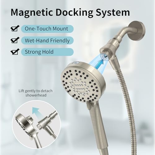 Magnetic Shower Head with Handheld Sprayer, High Pressure Handheld Shower Head with 6 Spray Modes, Nickel Finish - color: Nickel