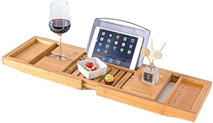 Top hacker Bamboo Bathtub Caddy Tray Foldable Bathtub Tray Expandable Luxurious Bathtub Tray with Mirror and Mobile Phone Holder, Tablet Computer, Red Wine, Soap Box (Color : Standard)