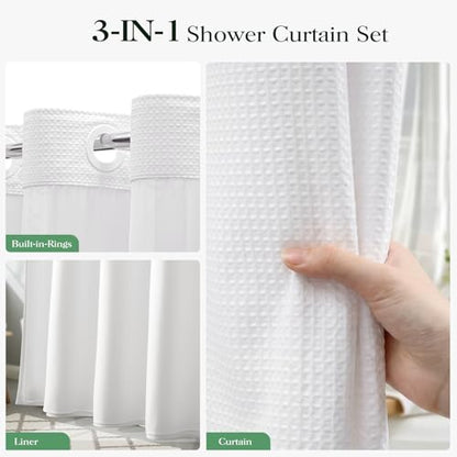 White Hook Free Waffle Shower Curtain & Snap-in Fabric Liner,36x75 | Less Time to install, 3 in 1 Fabric Shower Curtain and Liner Set with Magnets, Stall, Shower Curtains for Bathroom - color: A White, size: 36"W x 75"L (Pack of 1)