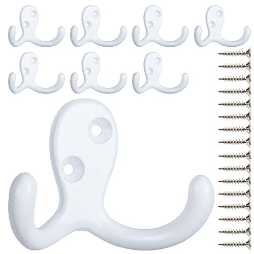 IBosins 8 Pack White Double Prong Coat Hooks Wall Mounted with 16 Screws | Heavy-Duty Wall Hooks, Retro Double Utility Hooks for Coat, Scarf, Bag, Towel, Key, Cap, Cup, Hat - color: 8 Pcs White