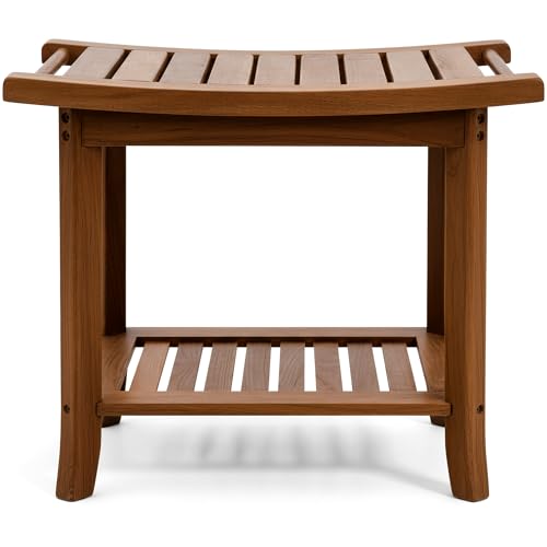 Teak shower bench with Storage Shelf, Shower Stool for Inside Shower, Waterproof Shower Bench Seat, Shower Chair for Inside Shower, Wood Bench, Bathroom Bench (Natural Wood) (Natural Wood) - color: Natural Wood