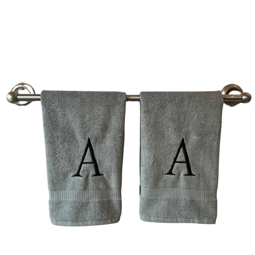 Gray with Black Monogrammed Hand Towels for Bathroom - Set of 2 Letter A | Luxury Hotel Quality Initial Towels For Powder Room, Spa, GOTS Organic Certified - color: Gray With Black, size: Initial A