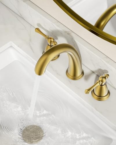 FORIOUS Bathroom Faucet 3 Hole Widespread 8" Sink Faucets Brushed Gold | 3-hole 6-12 Inch Widespread Sink, 2 Lever Handle, with Drain and Hoses,for Vanity Rv Commercial Lavatory Restroom Farmhouse - color: Brushed Gold, style: Classic