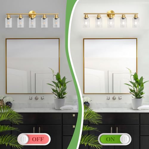 5-Light Bathroom Vanity Lights, E26 Modern Brushed Gold Bathroom Light Fixtures with Clear Glass Shade, Mirror Kitchen Hallway Cabinet Living Room Sconces Wall Lights - color: Gold & Clear Glass Shade, size: 31.4 Inch : 5-Light