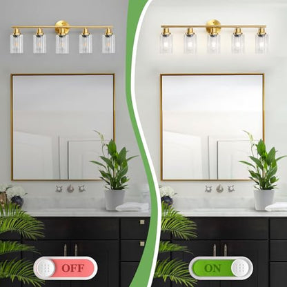 5-Light Bathroom Vanity Lights, E26 Modern Brushed Gold Bathroom Light Fixtures with Clear Glass Shade, Mirror Kitchen Hallway Cabinet Living Room Sconces Wall Lights - color: Gold & Clear Glass Shade, size: 31.4 Inch : 5-Light