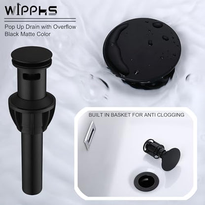 3 Hole Bathroom Faucet Matte Black, 2 Handle 8 inch Widespread Bathroom Sink Faucet with Pop Up Drain and cUPC Supply Hose, Black Bathroom Vanity Faucet 3 Hole WI37151BK | 2 Handle Sink Faucet with Pop Up Drain and cUPC Supply Hose, Stainless Steel Square