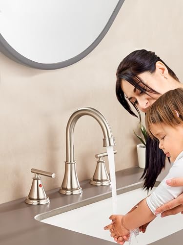 8 Inch Widespread Bathroom Sink Faucet 3 Hole, Brushed Nickel Bathroom Faucet with Metal Pop-Up Drain Assembly, Bathroom Vanity Faucet, 2 Handle for Sink - color: Brushed Nickel