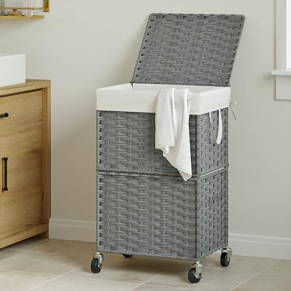 Chrislley Wicker Laundry Basket with Wheels,Rolling Laundry Hamper with Lid | 90L Slim Clothes Hamper with Wheels & Removable Liner Bag, Handwoven Rattan Laundry Organizer for Bedroom, Bathroom, Grey - color: Grey