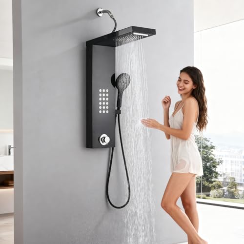 Shower Panel Tower System,Rain Shower Head Rainfall | Waterfall Shower,Handheld High Pressure Rain Massage System(Black) - color: Black, style: Normal