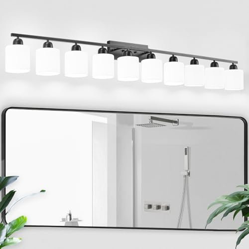 10 Light Black Vanity Lights for Giant Mirror, Bathroom Vanity Lights Over Mirror with Milky White Frosted Glass Shades,65 inch Bathroom Light Fixture for Mirrors, E26 - color: Black & Milky White Glass, size: 10-Light