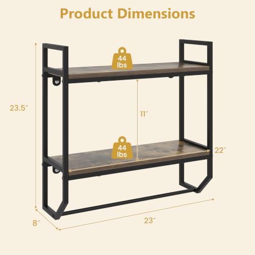 Giantex Bathroom Shelf with Towel Bar, Industrial Wood Wall Mounted Shelves | 2-Tier Over the Toilet Storage Organizer, Metal Floating Shelf with Towel Holder for Bathroom, Kitchen, Living Room, Gray Oak - color: Gray Oak