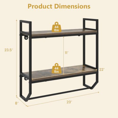 Giantex Bathroom Shelf with Towel Bar, Industrial Wood Wall Mounted Shelves | 2-Tier Over the Toilet Storage Organizer, Metal Floating Shelf with Towel Holder for Bathroom, Kitchen, Living Room, Gray Oak - color: Gray Oak