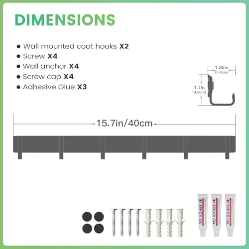 16" Heavy Duty Wall Mount Coat Rack with 6 Hooks, 2-Pack (Black) | Strong Glue or Screw Mount，coat hanger for hanging Coats, Hats, Jackets & Bags in Entryway, Bedroom, Bathroom or Closet - color: Black - 2 Pack