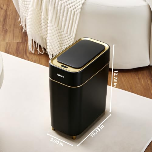Pukomc Motion Sensor Wastebasket,2.3 Gallon Bathroom Trash can with lid | Touchless Smart Plastic Slim Wastebasket,Quiet Close Waste Bin for Bathroom,Office,RV,Bedroom,Living Room - color: Black