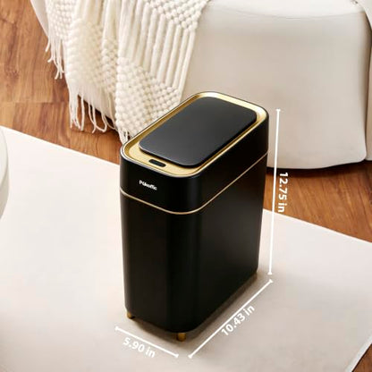 Pukomc Motion Sensor Wastebasket,2.3 Gallon Bathroom Trash can with lid | Touchless Smart Plastic Slim Wastebasket,Quiet Close Waste Bin for Bathroom,Office,RV,Bedroom,Living Room - color: Black