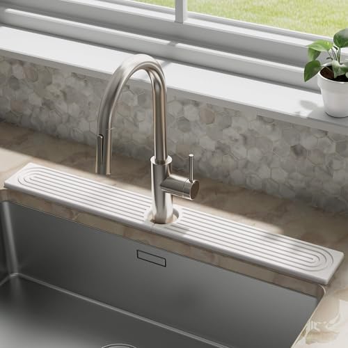 DK177 Faucet Mat for Kitchen Sink - Water Absorbing Stone Tray for Sink, Diatomite Fast-Drying Faucet Mat, Faucet Splash Guard for Bathroom Counter (White, 30" x 4") - color: White, size: 30" x 4"