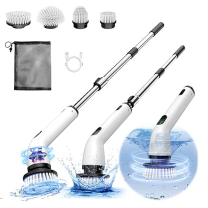 Electric Spin Scrubber, Full-Body IPX7 Waterproof Bathroom Scrubber,4 Replacement Head for Adjustable Extension Handle Electric Cleaning Brush for Bathroom, Tub, Tile