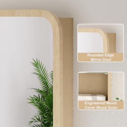 20x28 Inch Wood Medicine Cabinet with Mirror for Bathroom, Oak | Fully Assembled, Surface or Recessed Mount Mirror Cabinet, Rounded Corner, 3 Adjustable Glass Shelves, Soft-Close Door