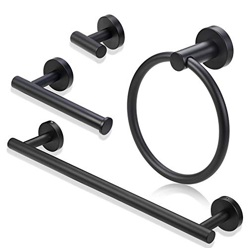 4 Pieces Bathroom Hardware Set-Towel Ring-Toilet Paper Roll Holder-Towel Hooks-Towel Bar Sets Heavy Duty SUS 304 Stainless Steel Wall Mount Bathroom Accessories,Matte Black - color: Matte Black-4