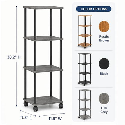 4-Tier 38.2" Tall Oak Grey Bathroom Shelving Unit with Wheels | Wood Finish, Metal Frame, Rolling Narrow Open Shelf Design, for Laundry Room, Kitchen, Living Spaces, Easy to Move - color: Oak Grey, size: 4-Tier