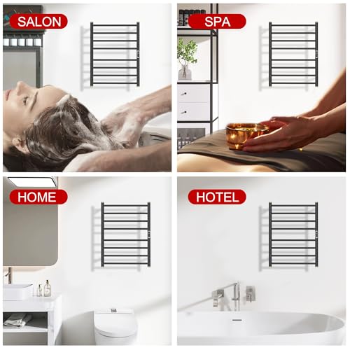 Electric Towel Warmer Rack,Heating Towel Warmer,Timer & Temperature Control,Wall-Mounted Plug-in for Bathroom,Gunmetal Grey,Stainless Steel,8-Bar(27.56x20.87x4.41in) - color: Round-matte Gungrey With Gold Top, size: 8 Bars
