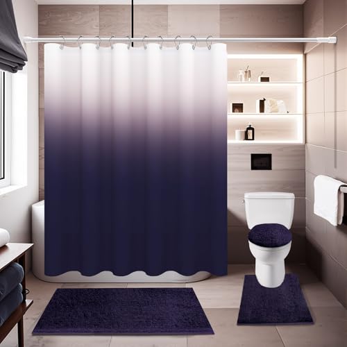 Shower Curtain Sets with Rugs and Adjustable Toilet Seat Cover | 4 Pcs Gark Purple Bathroom Sets with Shower Curtain and Rugs and Microfiber Toilet Lid Cover - color: Gark Purple