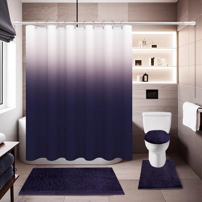 Shower Curtain Sets with Rugs and Adjustable Toilet Seat Cover | 4 Pcs Gark Purple Bathroom Sets with Shower Curtain and Rugs and Microfiber Toilet Lid Cover - color: Gark Purple