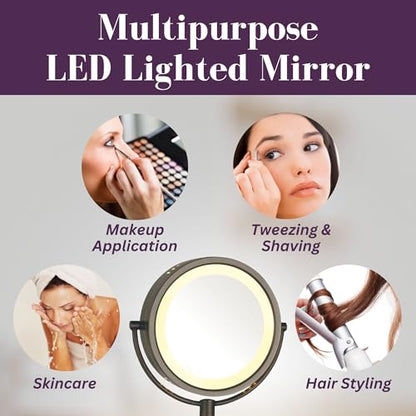 JERDON Lighted Wall-Mount Makeup Mirror - 8X - Bronze - HL75BZ | 8.5" Diameter, 13.5" Wall Arm, LED Lighting, Corded Plug-In Power
